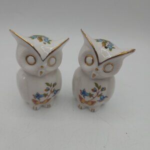 VINTAGE MCM Owl Salt and Pepper Shakers Bone China Floral Butterflie Handpainted